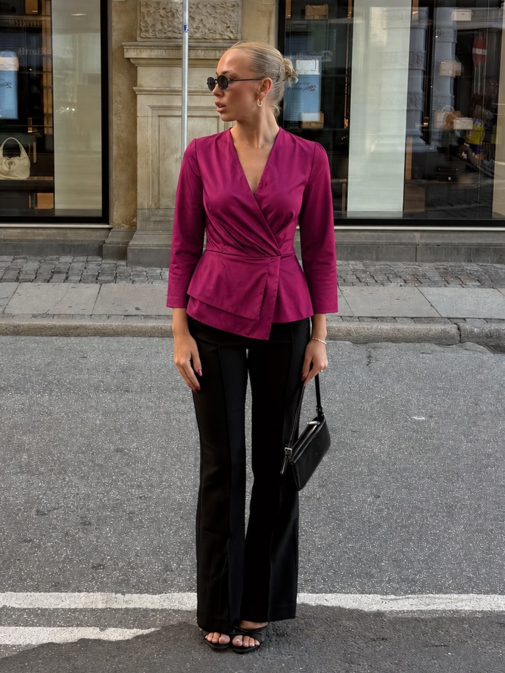 Le Château Magenta Satin Wrap Peplum Blouse XXS Made in Canada